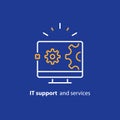 Computer upgrade, system update, software installation, repair services, IT support line icon