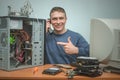 Computer repairman. Computer technician engineer. Support service. Royalty Free Stock Photo