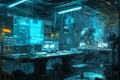 A computer room featuring a desk with multiple monitors, A cybernetic lab with robotics and futuristic technology, AI Generated Royalty Free Stock Photo