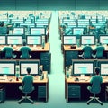 Computer room with rows of computers. 3d rendering, 3d illustration. AI generated Royalty Free Stock Photo