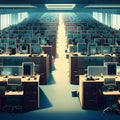 Computer room with rows of computers. 3d rendering, 3d illustration. AI Generated Royalty Free Stock Photo