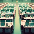 Computer room with rows of computers. 3d rendering, 3d illustration. AI Generated Royalty Free Stock Photo