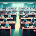 Computer room with rows of computers, 3d rendering, 3d illustration generative AI Royalty Free Stock Photo