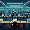 Computer room with rows of computers. 3d rendering, 3d illustration. generative AI Royalty Free Stock Photo