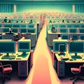 Computer room with rows of computers. 3d rendering, 3d illustration. Generative AI Royalty Free Stock Photo