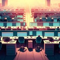 Computer room with rows of computers. 3d rendering. 3d illustration. generative AI Royalty Free Stock Photo