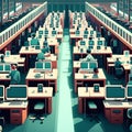 Computer room with rows of computers. 3d rendering, 3d illustration. Generative AI Royalty Free Stock Photo