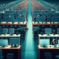 Computer room with rows of computers. 3d rendering, 3d illustration. generative AI Royalty Free Stock Photo