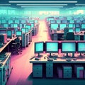 Computer room with rows of computers. 3d rendering, 3d illustration. Generative AI Royalty Free Stock Photo