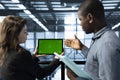 Computer scientists in data center use mockup tablet to calibrate energy usage