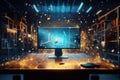 Computer screen with abstract glowing background. Technology concept. 3D Rendering, futuristic workspace with sparkling particles
