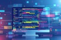 Computer screen with colorful glitch effect and lines of programming code in close-up view Royalty Free Stock Photo