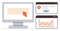 Computer screen with cursor, browser windows showing error message and upward graph Royalty Free Stock Photo