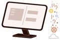 Computer screen with data interface and cloud-driven question marks and gears for problem-solving Royalty Free Stock Photo