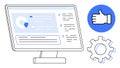 Computer screen with data visualization, checklist and gear, alongside thumbs-up symbol for optimization Royalty Free Stock Photo