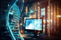 A computer screen displaying a captivating spiral image in front, DNA coding on a screen signaling gene editing, AI Generated