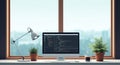 Computer screen displaying code on a desk with plants and a lamp by the window Royalty Free Stock Photo