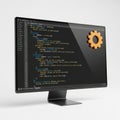 Computer screen displaying code with a gear icon symbolizing development and settings Royalty Free Stock Photo