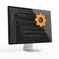 Computer screen displaying code with an orange gear symbol isolated on white background Royalty Free Stock Photo