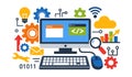 Computer screen displaying coding interface, surrounded by development, technology, and analytics icons on white background Royalty Free Stock Photo