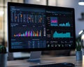 Computer screen displaying data analytics charts and graphs on a wooden desk Royalty Free Stock Photo