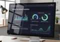 Computer screen displaying data analytics dashboard with performance metrics and graphs Royalty Free Stock Photo