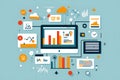 Computer Screen Displaying Data and Charts with Connected Icons Royalty Free Stock Photo
