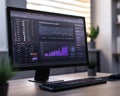Computer screen displaying data charts with keyboard and mouse on desk setup Royalty Free Stock Photo