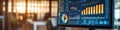 Computer screen displaying financial data charts in a bright office setting Royalty Free Stock Photo