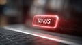 Computer screen displaying a glowing red warning button labeled virus Royalty Free Stock Photo