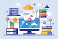 A computer screen displaying information with a cloud hovering above it, Web hosting, big data, Simple and minimalist flat Vector Royalty Free Stock Photo