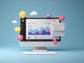 Computer screen displaying social media analytics, with floating emojis and smartphone in a modern workspace Brightly lit, clean Royalty Free Stock Photo