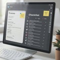 Computer screen displaying a software interface with a checklist and notes. The Royalty Free Stock Photo