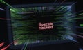Computer screen displaying system hacked message with fast scrolling multicolored code lines Royalty Free Stock Photo