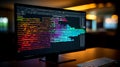 Computer screen displays colorful coding lines with keyboard technology concept for software development and programming on dark Royalty Free Stock Photo