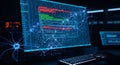Computer screen displays complex code with neural network visualization in dark room Royalty Free Stock Photo
