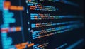 Computer screen displays complex programming code. Lines of code in different colors highlight tech work in progress. Modern tech Royalty Free Stock Photo