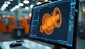 Computer screen displays 3D wireframe model. Engineering design software shows complex component development. Industrial Royalty Free Stock Photo