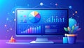 Computer screen displaying various data charts and graphs with a network of connected nodes around it Royalty Free Stock Photo