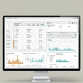 A computer screen displays a data dashboard interface with charts and tables. The Royalty Free Stock Photo