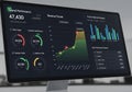 A computer screen displays a data dashboard with performance metrics. Key elements include overall Royalty Free Stock Photo