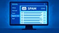 Managing spam email inbox with numerous spam messages on a blue computer screen Royalty Free Stock Photo
