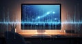 Computer screen displays glowing blue digital graph and sound wave visualization Royalty Free Stock Photo