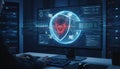 Computer screen displays a glowing blue digital security shield with a red skull icon at the center in a server room Royalty Free Stock Photo