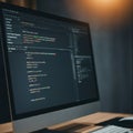 A computer screen displays programming code in a dark environment. The code Royalty Free Stock Photo