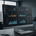 A computer screen displays a sophisticated data analytics dashboard with various