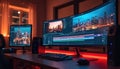 Computer screen displays video editing software with colorful timeline, cityscape video. Pro workstation setup for multimedia Royalty Free Stock Photo