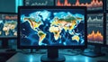 Computer screen displays world map with climate change data trends in blue tones. Multiple monitors show data visualizations. Royalty Free Stock Photo