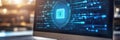 A computer screen features a protection icon, highlighting cybersecurity in a modern digital workspace environment Royalty Free Stock Photo