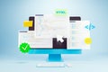 Computer screen with HTML, CSS, and JavaScript code interfaces floating in light background for web development and online coding Royalty Free Stock Photo